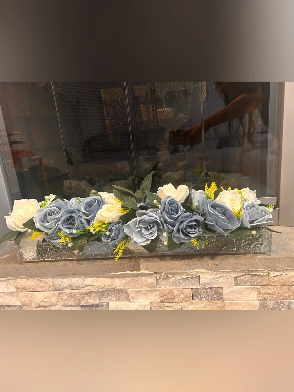 Blue & Cream Artificial Rose Garland in Clear Holder- Home Accents